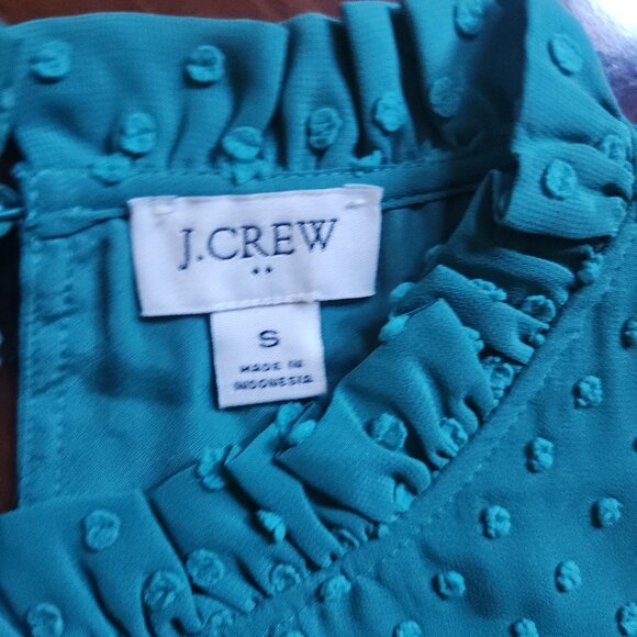 J.Crew Factory Sleeveless Ruffleneck Top Teal‎ Green Clip Dot Blouse Small - Picture 3 of 4